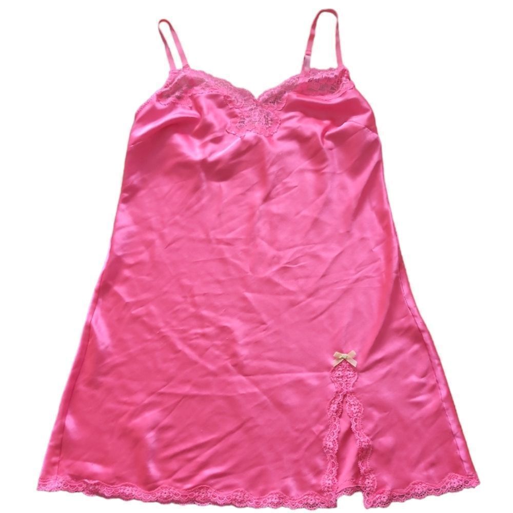 VICTORIA'S SECRET Vintage Hot Pink Satin Lace Chemise Slip Babydoll Size S